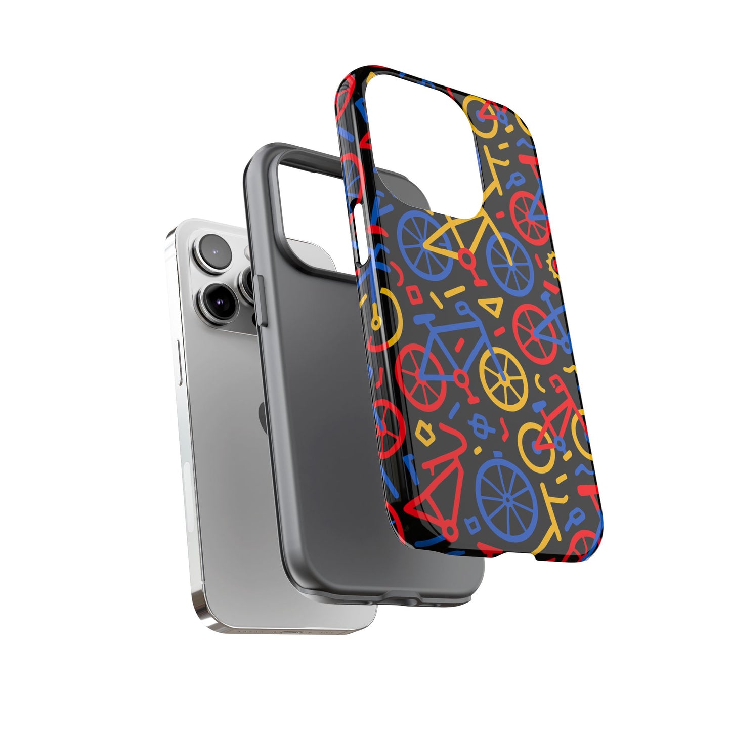 multicolour 3d bicycle phone case with retro design for stylish protection compatible with iphone 13, 14, 15 & 16 – all models including pro, pro max & plus