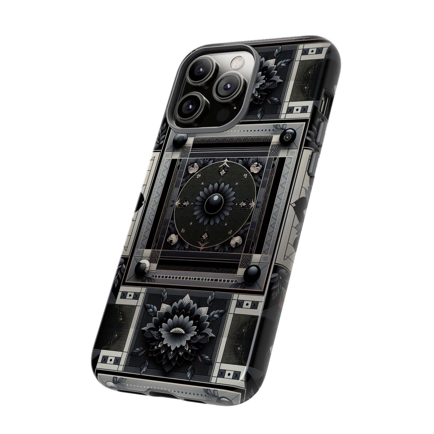 pattern image 4 vibrant shockproof phone case for anime and comic fans, geometric black and silver design, durable protective cover compatible with iphone 13, 14, 15 & 16 – all models including pro, pro max & plus