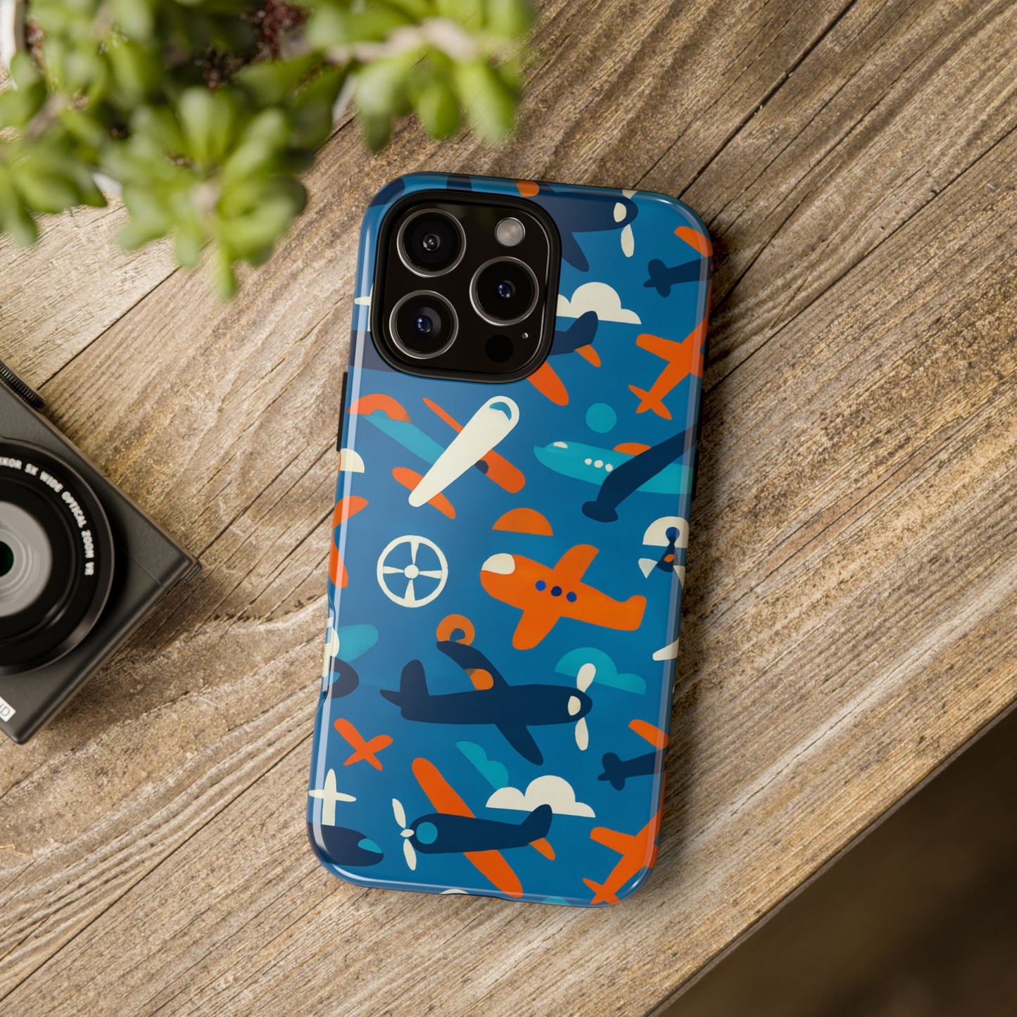 vibrant 3d airplane print phone case in blue – fun retro design for stylish protection – compatible with iphone 13, 14, 15 & 16 – all models including pro, pro max & plus