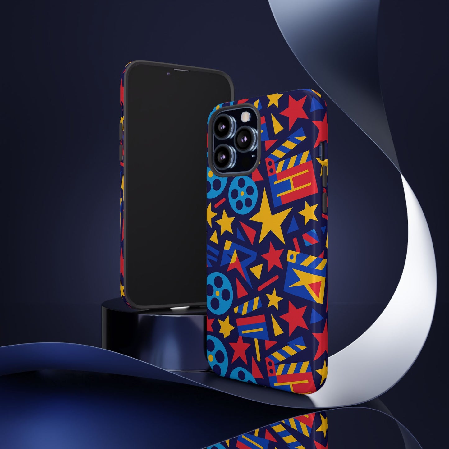 vibrant movie theme protective phone case with 3d wrap design – colourful stars and film reels – stylish protection compatible with iphone 13, 14, 15 & 16 – all models including pro, pro max & plus