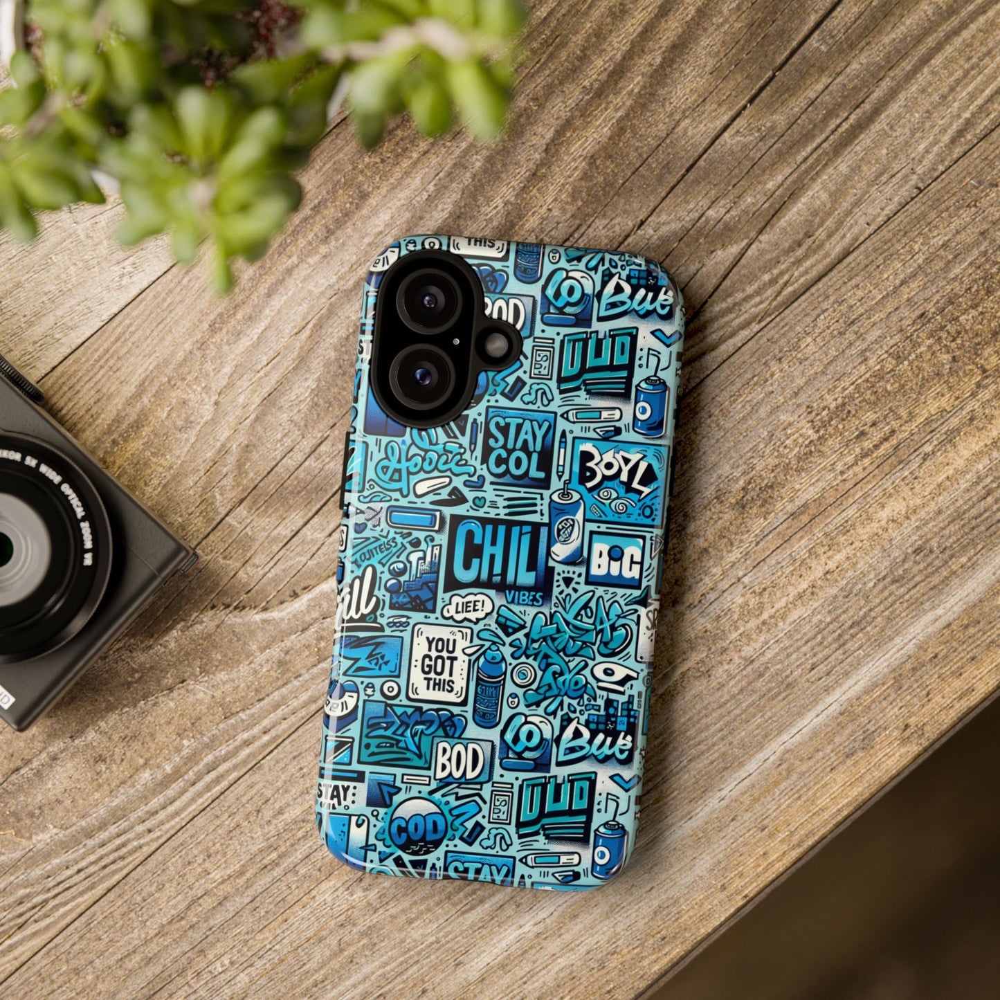 vibrant retro graffiti phone case in blue for men and women stylish protection accessory compatible with iphone 13, 14, 15 & 16 – all models including pro, pro max & plus