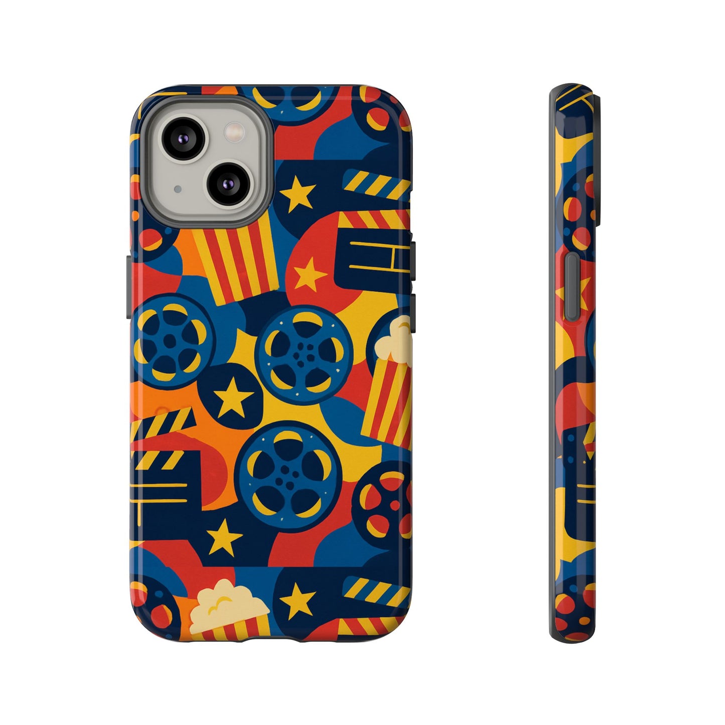 vibrant movie-themed protective phone case with colourful film reel and popcorn design for stylish protection compatible with iphone 13, 14, 15 & 16 – all models including pro, pro max & plus
