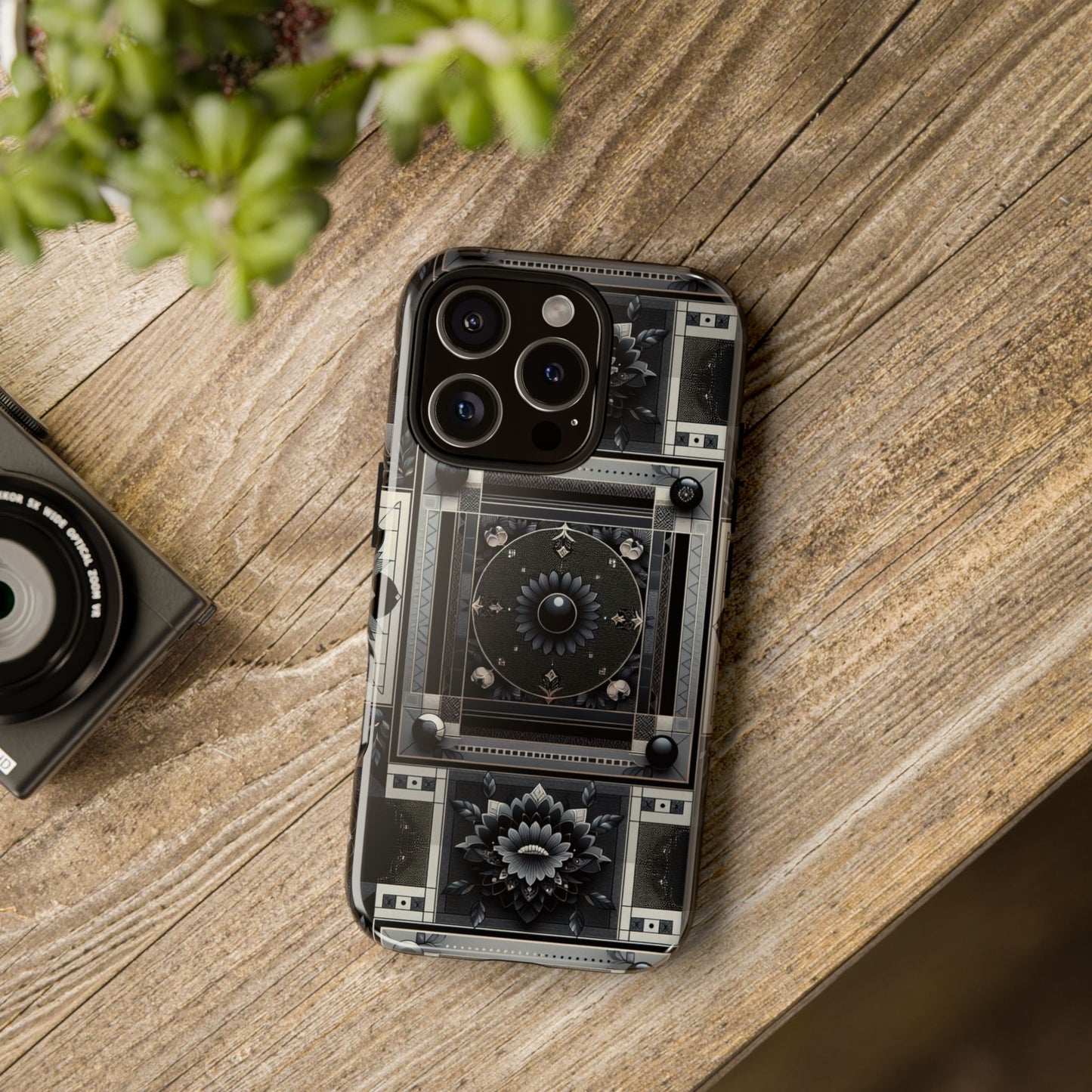 pattern image 4 vibrant shockproof phone case for anime and comic fans, geometric black and silver design, durable protective cover compatible with iphone 13, 14, 15 & 16 – all models including pro, pro max & plus