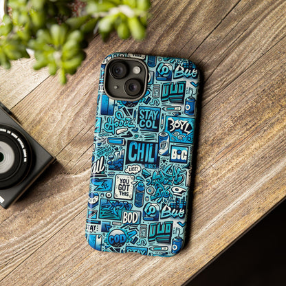 Vibrant Retro Graffiti Phone Case in Blue for Men and Women Stylish Protection Accessory Compatible with iPhone 13, 14, 15 & 16 – all models including Pro, Pro Max & Plus