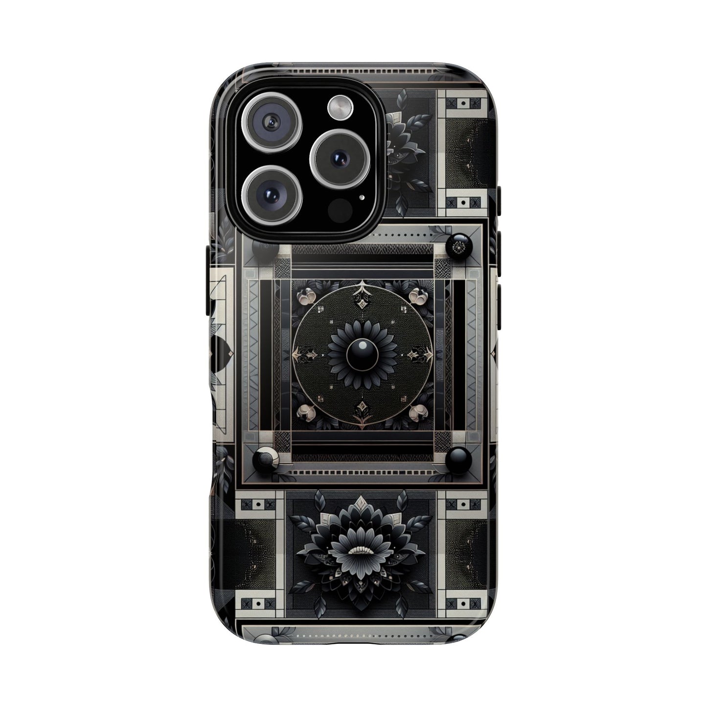 pattern image 4 vibrant shockproof phone case for anime and comic fans, geometric black and silver design, durable protective cover compatible with iphone 13, 14, 15 & 16 – all models including pro, pro max & plus