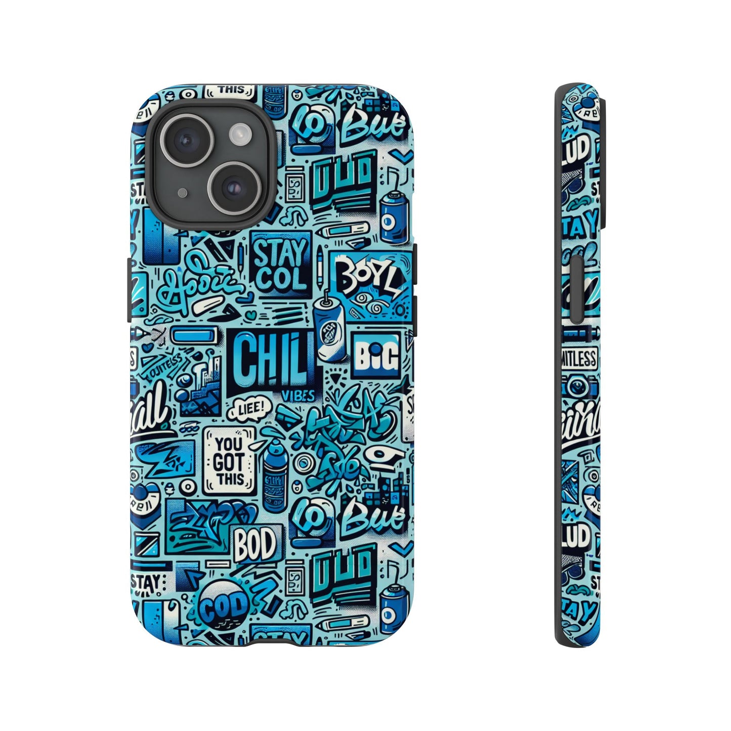 vibrant retro graffiti phone case in blue for men and women stylish protection accessory compatible with iphone 13, 14, 15 & 16 – all models including pro, pro max & plus