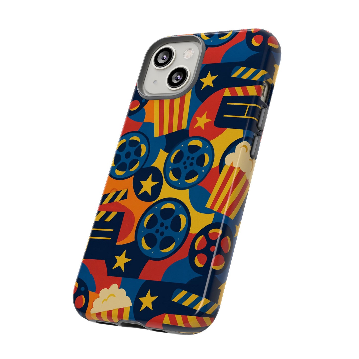 vibrant movie-themed protective phone case with colourful film reel and popcorn design for stylish protection compatible with iphone 13, 14, 15 & 16 – all models including pro, pro max & plus