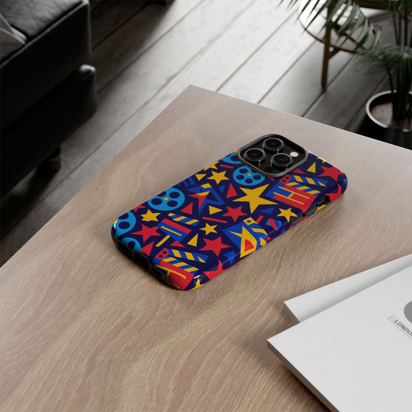 vibrant movie theme protective phone case with 3d wrap design – colourful stars and film reels – stylish protection compatible with iphone 13, 14, 15 & 16 – all models including pro, pro max & plus