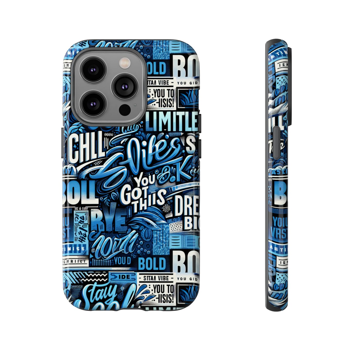 vibrant protective phone case with playful typography design in blue – stylish self-expression accessory compatible with iphone 13, 14, 15 & 16 – all models including pro, pro max & plus
