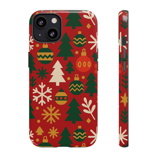 Vibrant Red 3D Wrap Protective Phone Case with Christmas Tree and Ornament Design for Stylish Protection Compatible with iPhone 13, 14, 15 & 16 – all models including Pro, Pro Max & Plus