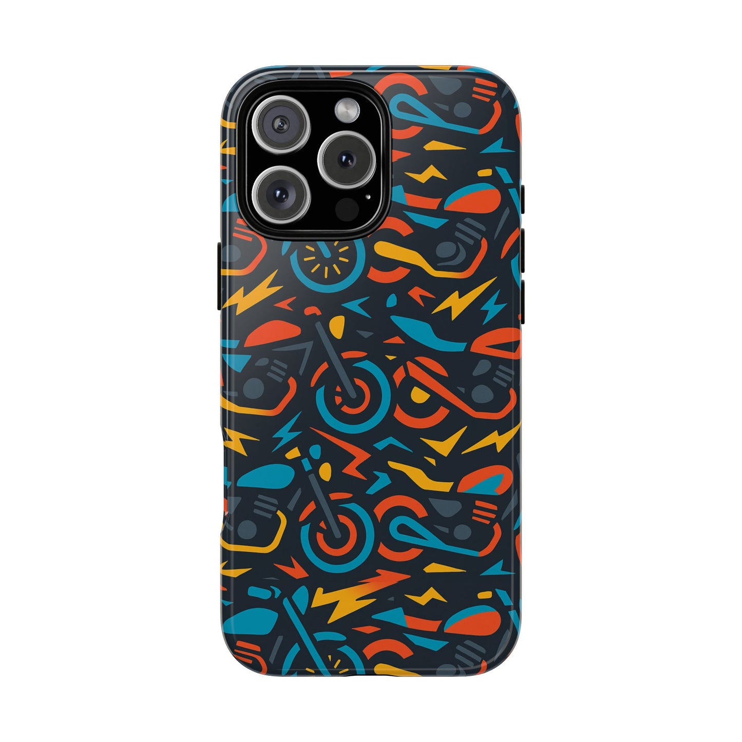 multicolour 3d wrap phone case with fun motorcycle design, stylish protective accessory for men and women, compatible with iphone 13, 14, 15 & 16 – all models including pro, pro max & plus