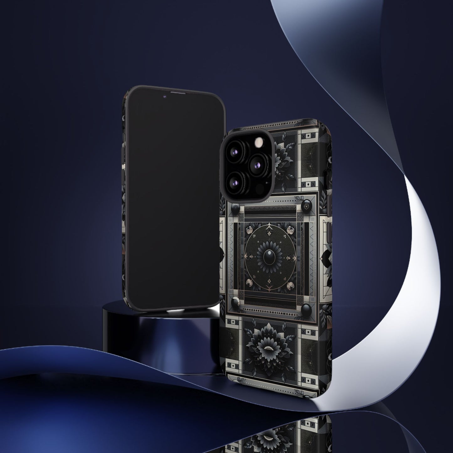 pattern image 4 vibrant shockproof phone case for anime and comic fans, geometric black and silver design, durable protective cover compatible with iphone 13, 14, 15 & 16 – all models including pro, pro max & plus