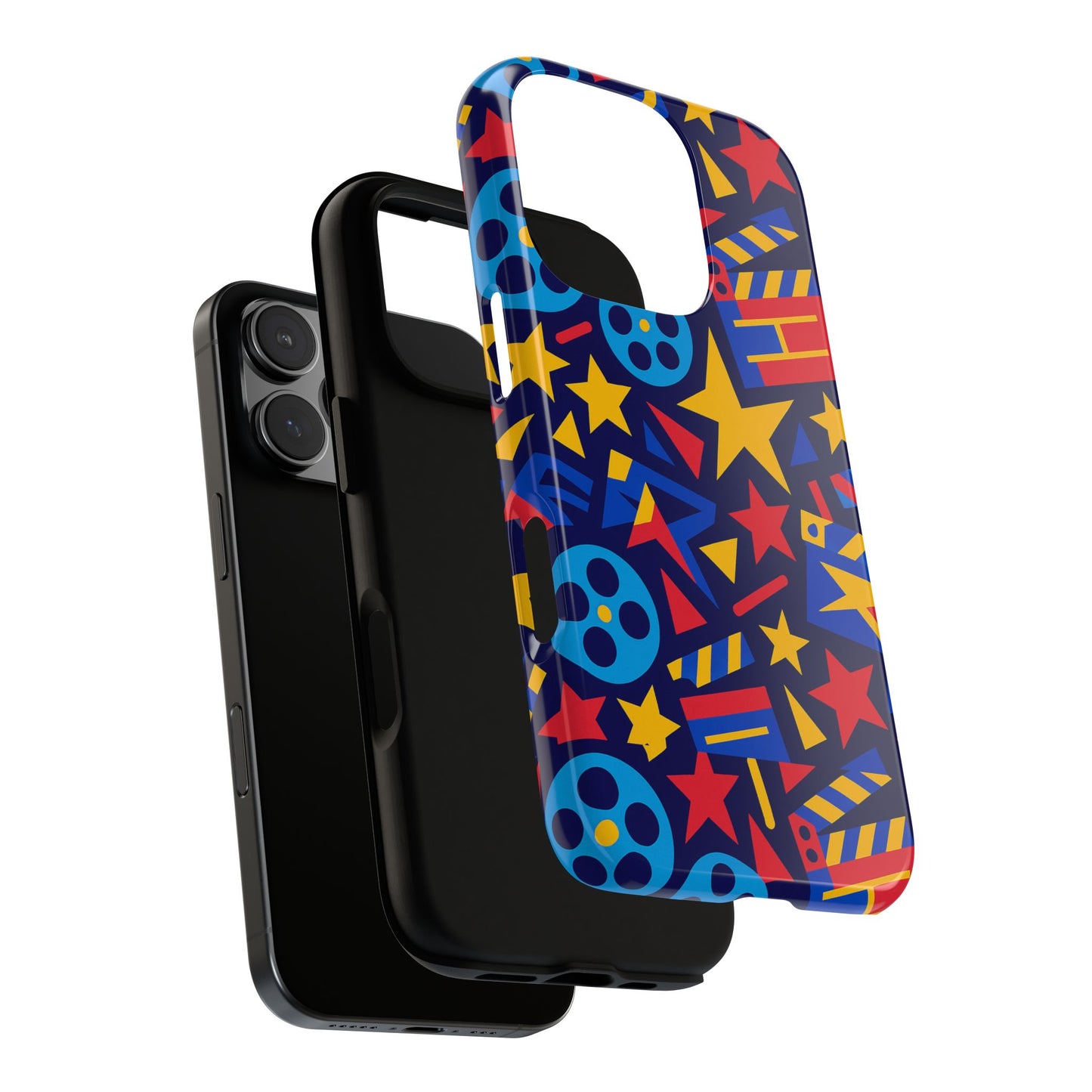 vibrant movie theme protective phone case with 3d wrap design – colourful stars and film reels – stylish protection compatible with iphone 13, 14, 15 & 16 – all models including pro, pro max & plus