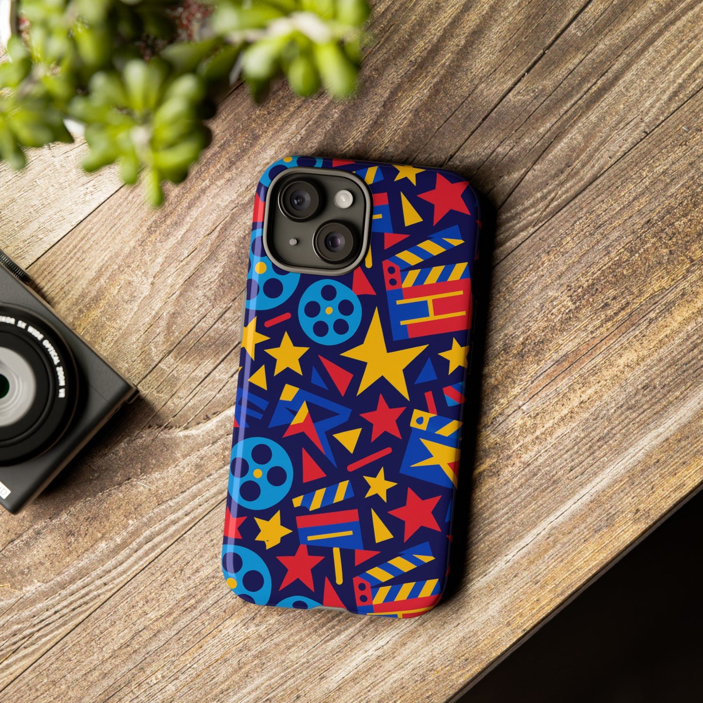 vibrant movie theme protective phone case with 3d wrap design – colourful stars and film reels – stylish protection compatible with iphone 13, 14, 15 & 16 – all models including pro, pro max & plus