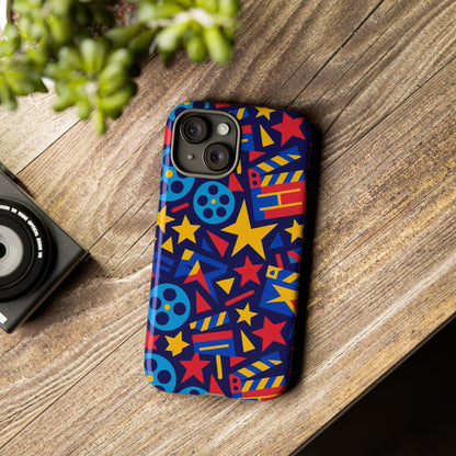 Vibrant Movie Theme Protective Phone Case with 3D Wrap Design – Colourful Stars and Film Reels – Stylish Protection Compatible with iPhone 13, 14, 15 & 16 – All Models Including Pro, Pro Max & Plus