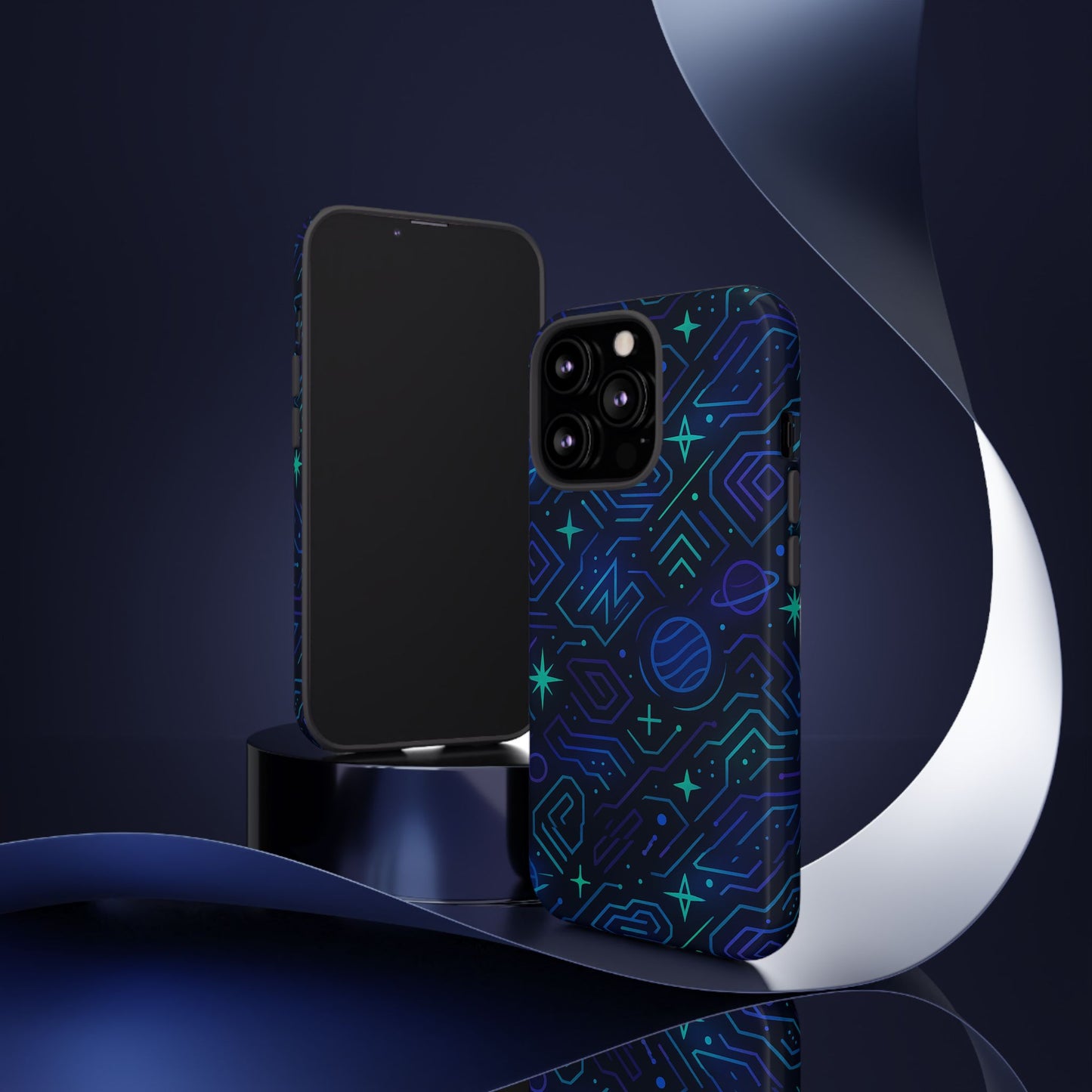 vibrant space design protective phone case in blue and green 3d wrap for stylish protection compatible with iphone 13, 14, 15 & 16 – all models including pro, pro max & plus