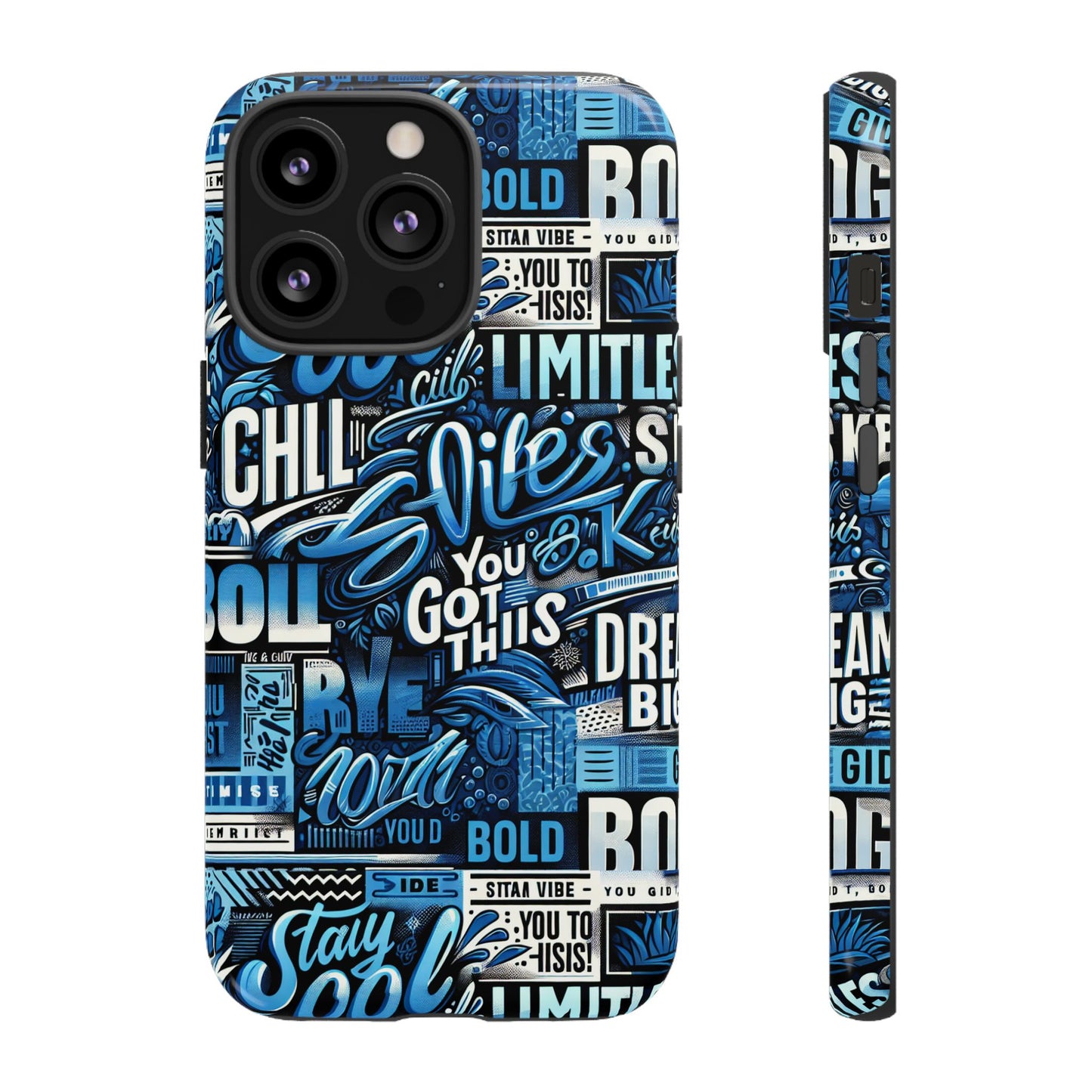 vibrant protective phone case with playful typography design in blue – stylish self-expression accessory compatible with iphone 13, 14, 15 & 16 – all models including pro, pro max & plus