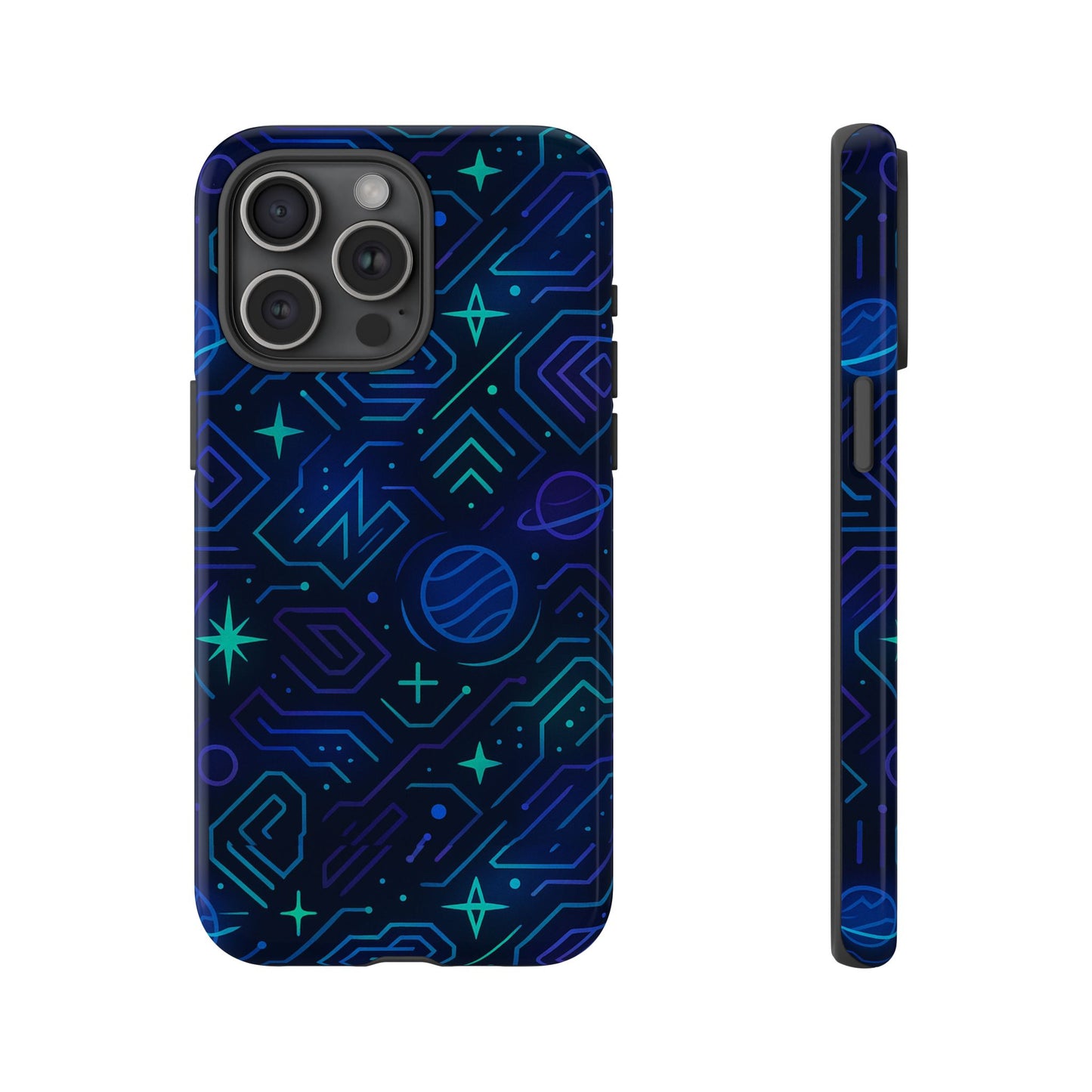 vibrant space design protective phone case in blue and green 3d wrap for stylish protection compatible with iphone 13, 14, 15 & 16 – all models including pro, pro max & plus