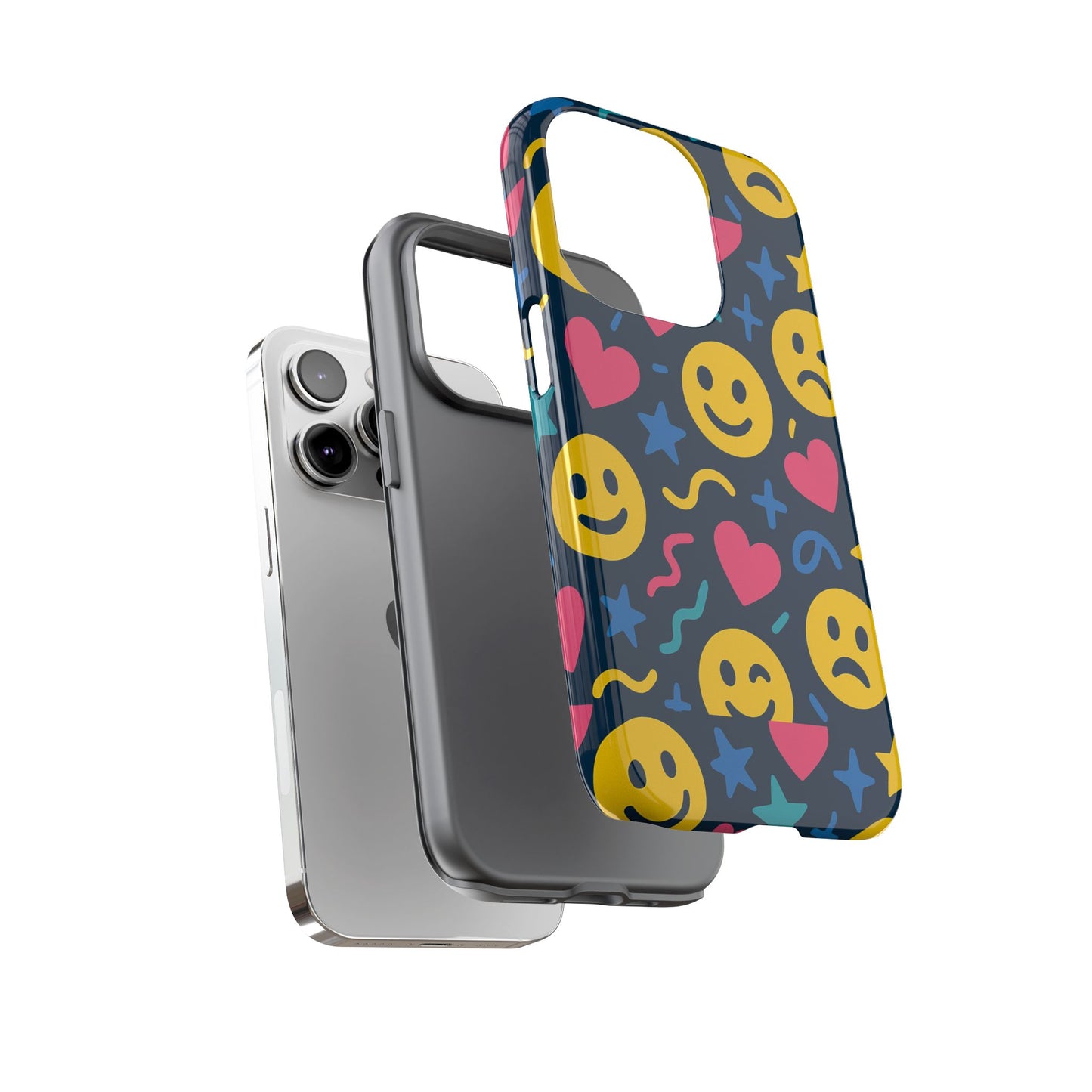 vibrant multicolour emoji phone case with 3d wrap design for playful protection compatible with iphone 13, 14, 15 & 16 – all models including pro, pro max & plus