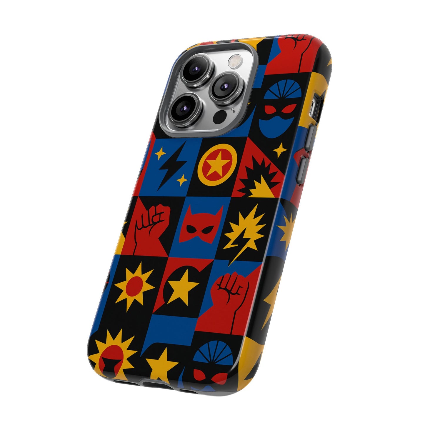 vibrant superhero phone case with retro 3d design for stylish protection compatible with iphone 13, 14, 15 & 16 – all models including pro, pro max & plus