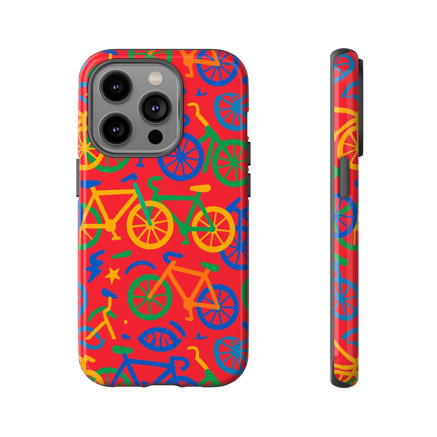 vibrant 3d bicycle pattern protective phone case in colourful retro design for stylish protection compatible with iphone 13, 14, 15 & 16 – all models including pro, pro max & plus