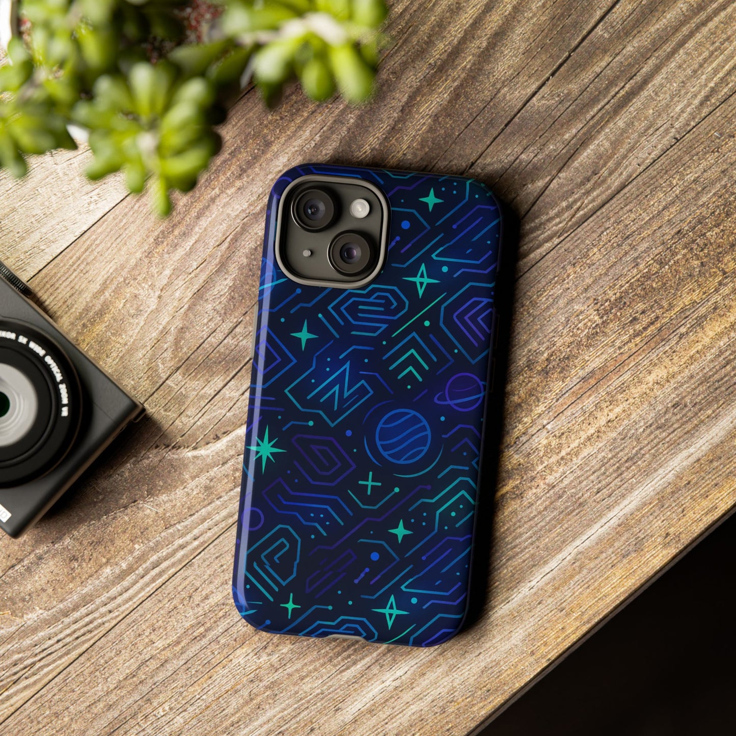 vibrant space design protective phone case in blue and green 3d wrap for stylish protection compatible with iphone 13, 14, 15 & 16 – all models including pro, pro max & plus