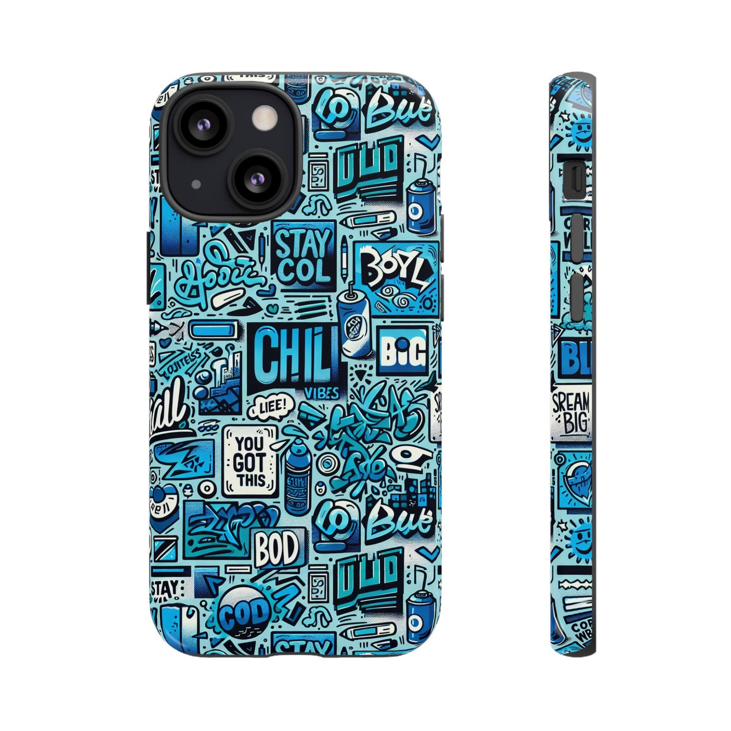 vibrant retro graffiti phone case in blue for men and women stylish protection accessory compatible with iphone 13, 14, 15 & 16 – all models including pro, pro max & plus
