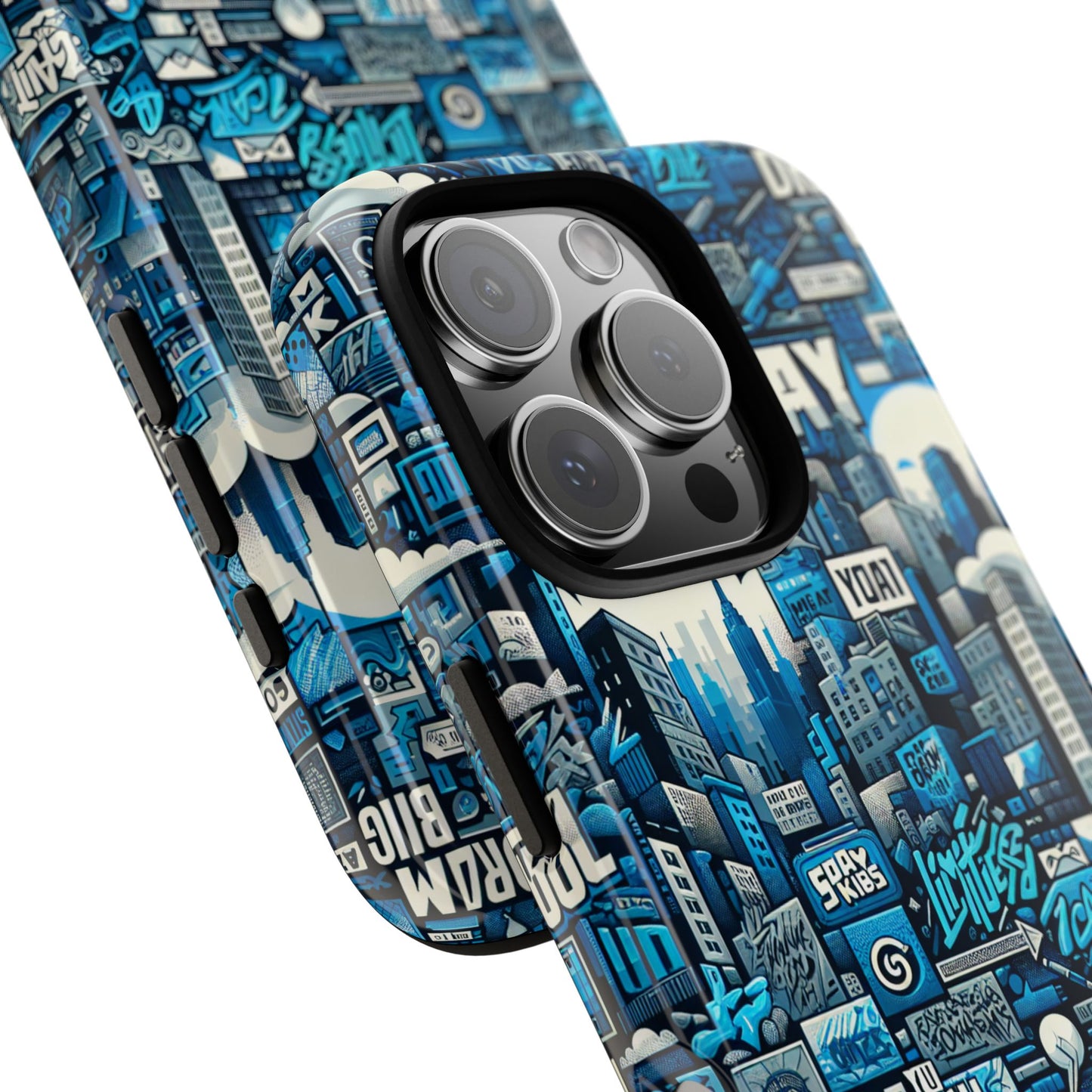 protective phone case with 3d urban design in blue for stylish protection – trendy accessory compatible with iphone 13, 14, 15 & 16 – all models including pro, pro max & plus
