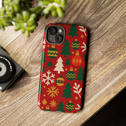 Vibrant Red 3D Wrap Protective Phone Case with Christmas Tree and Ornament Design for Stylish Protection Compatible with iPhone 13, 14, 15 & 16 – all models including Pro, Pro Max & Plus