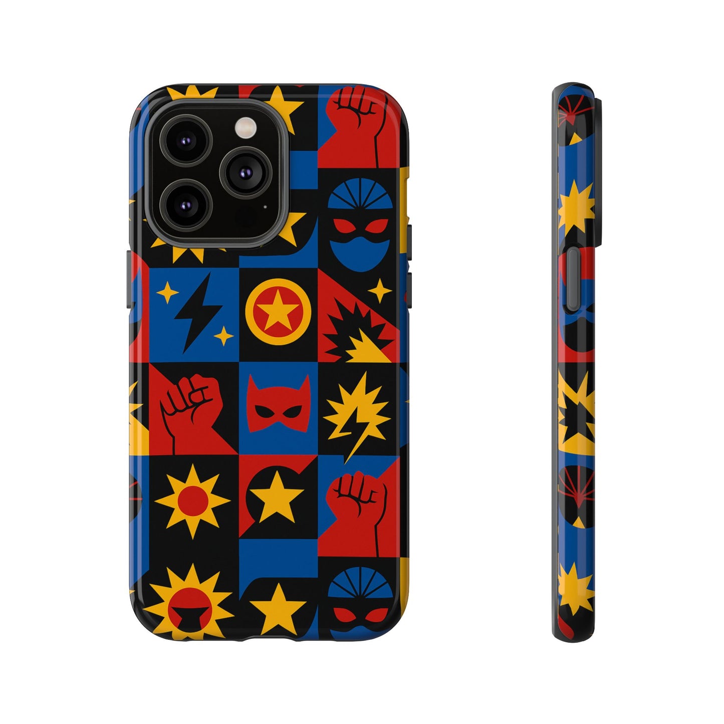 vibrant superhero phone case with retro 3d design for stylish protection compatible with iphone 13, 14, 15 & 16 – all models including pro, pro max & plus