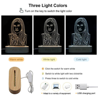 Custom Any Shape 3D Acrylic Lamp Picture Night Light With Engraved Wooden Base - Unique Night Light Gift for Home Decor and Desk