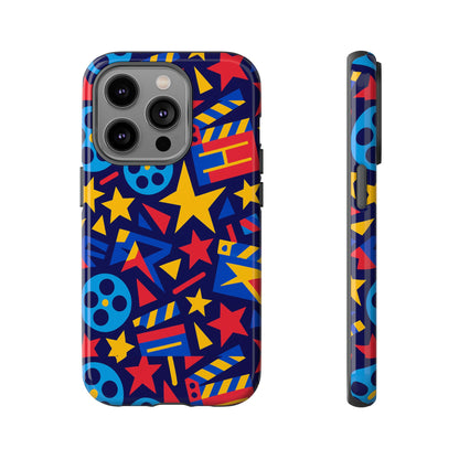 Vibrant Movie Theme Protective Phone Case with 3D Wrap Design – Colourful Stars and Film Reels – Stylish Protection Compatible with iPhone 13, 14, 15 & 16 – All Models Including Pro, Pro Max & Plus