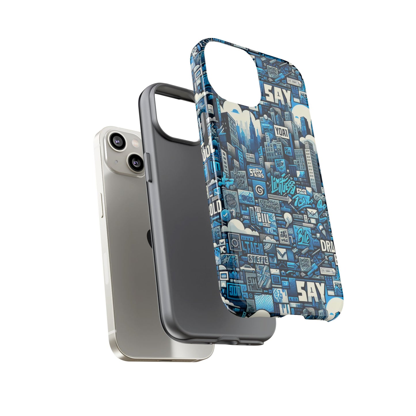 protective phone case with 3d urban design in blue for stylish protection – trendy accessory compatible with iphone 13, 14, 15 & 16 – all models including pro, pro max & plus