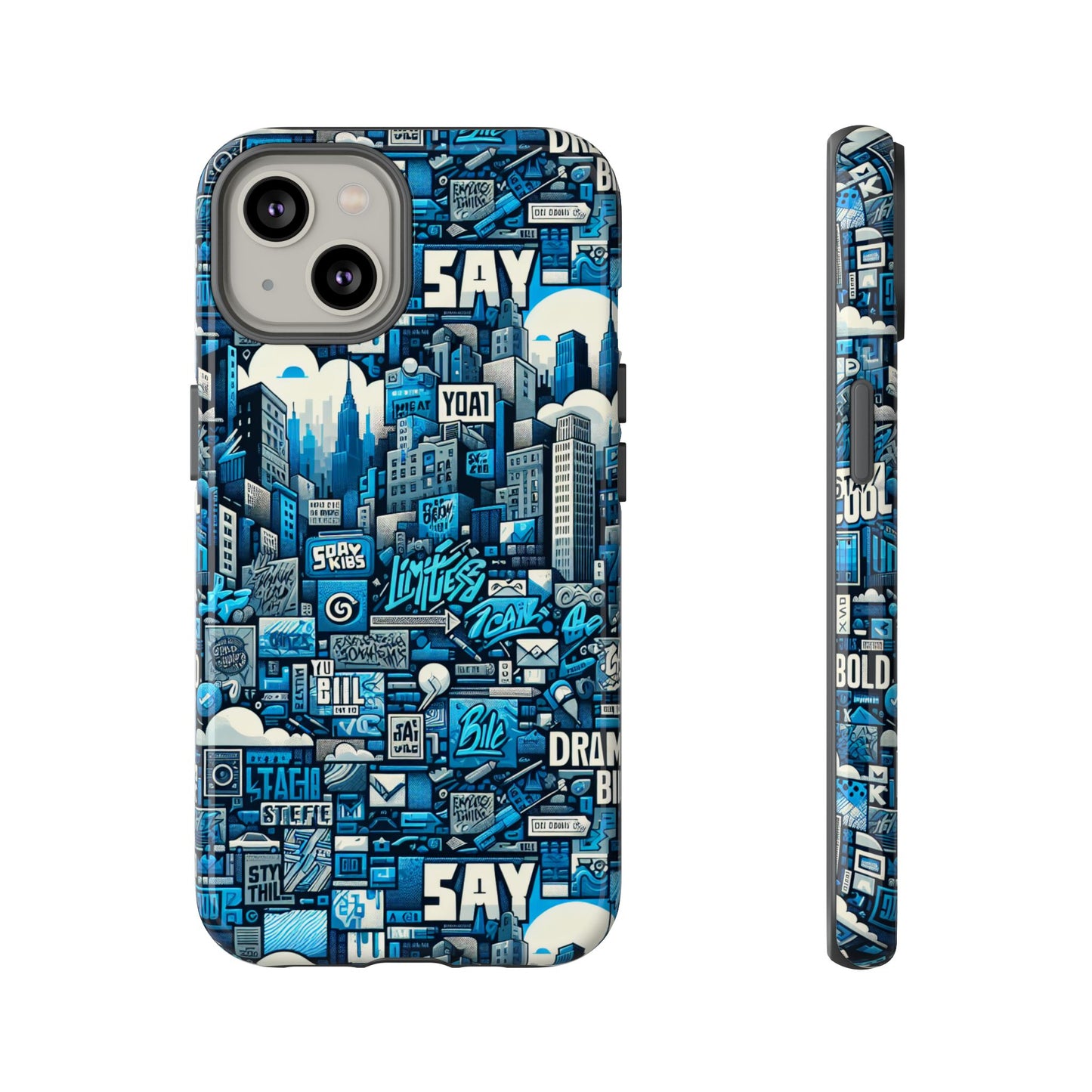 protective phone case with 3d urban design in blue for stylish protection – trendy accessory compatible with iphone 13, 14, 15 & 16 – all models including pro, pro max & plus