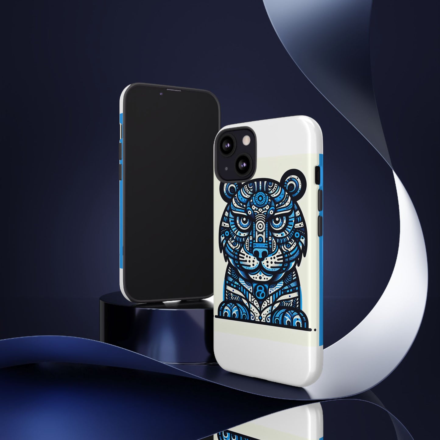 vibrant blue geometric tiger design phone case – stylish protection accessory for self-expression compatible with iphone 13, 14, 15 & 16 – all models including pro, pro max & plus