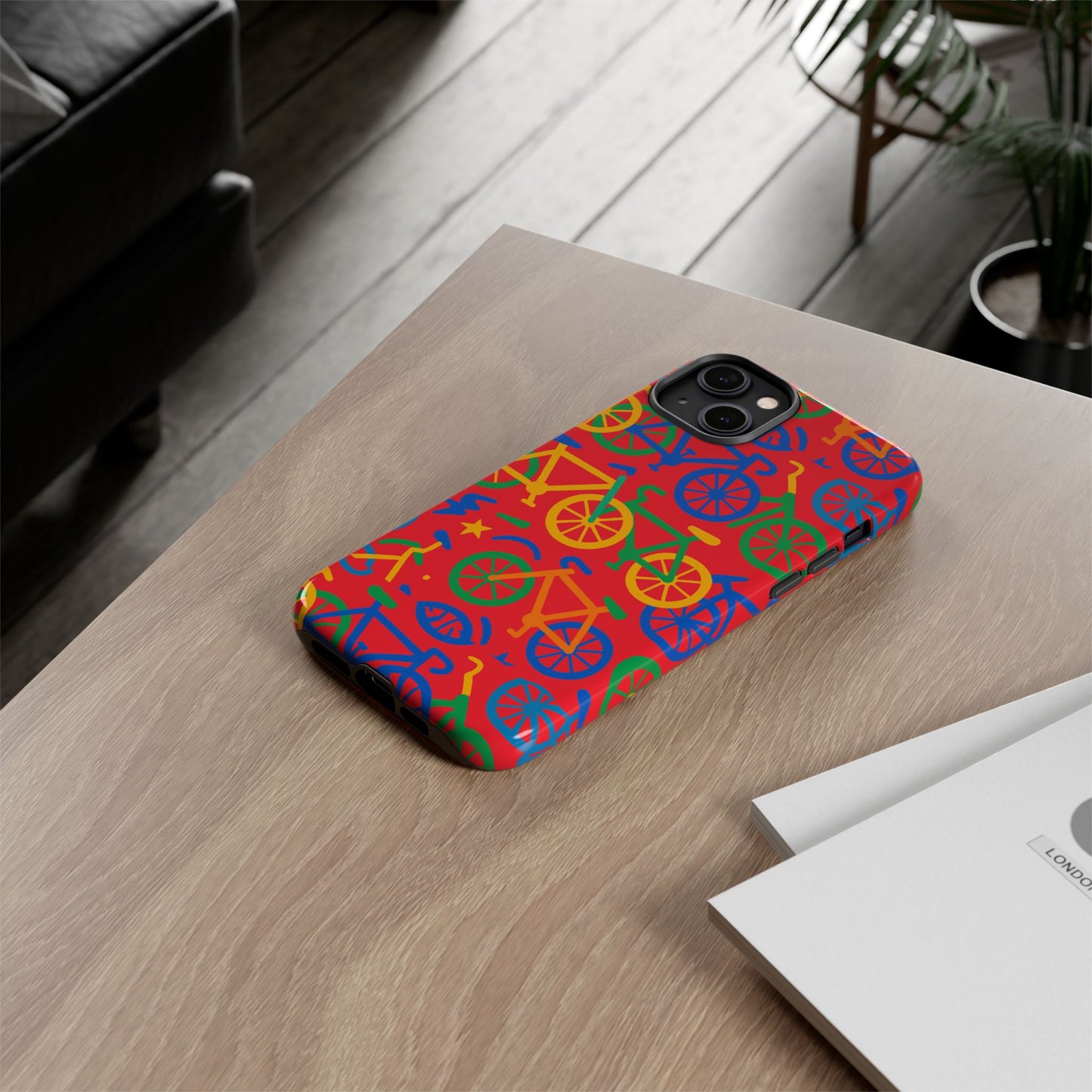 vibrant 3d bicycle pattern protective phone case in colourful retro design for stylish protection compatible with iphone 13, 14, 15 & 16 – all models including pro, pro max & plus