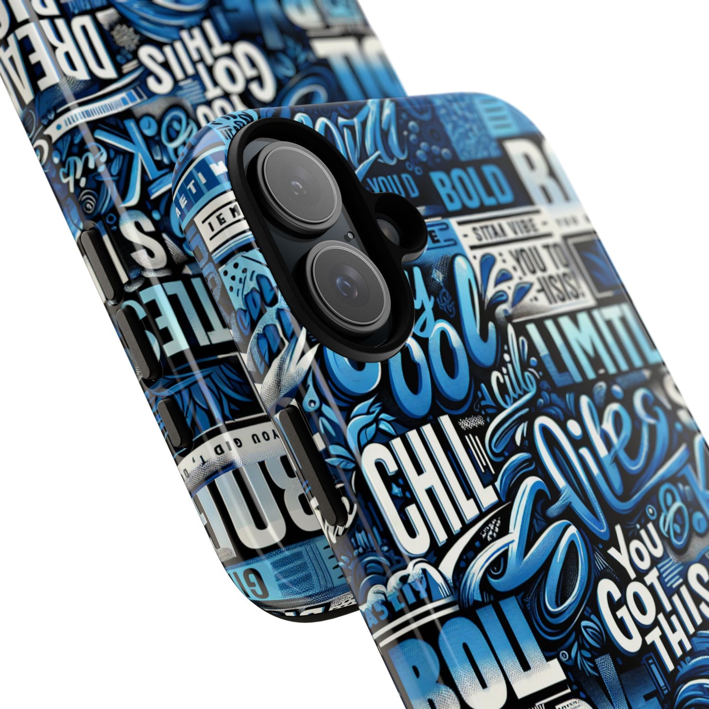 vibrant protective phone case with playful typography design in blue – stylish self-expression accessory compatible with iphone 13, 14, 15 & 16 – all models including pro, pro max & plus