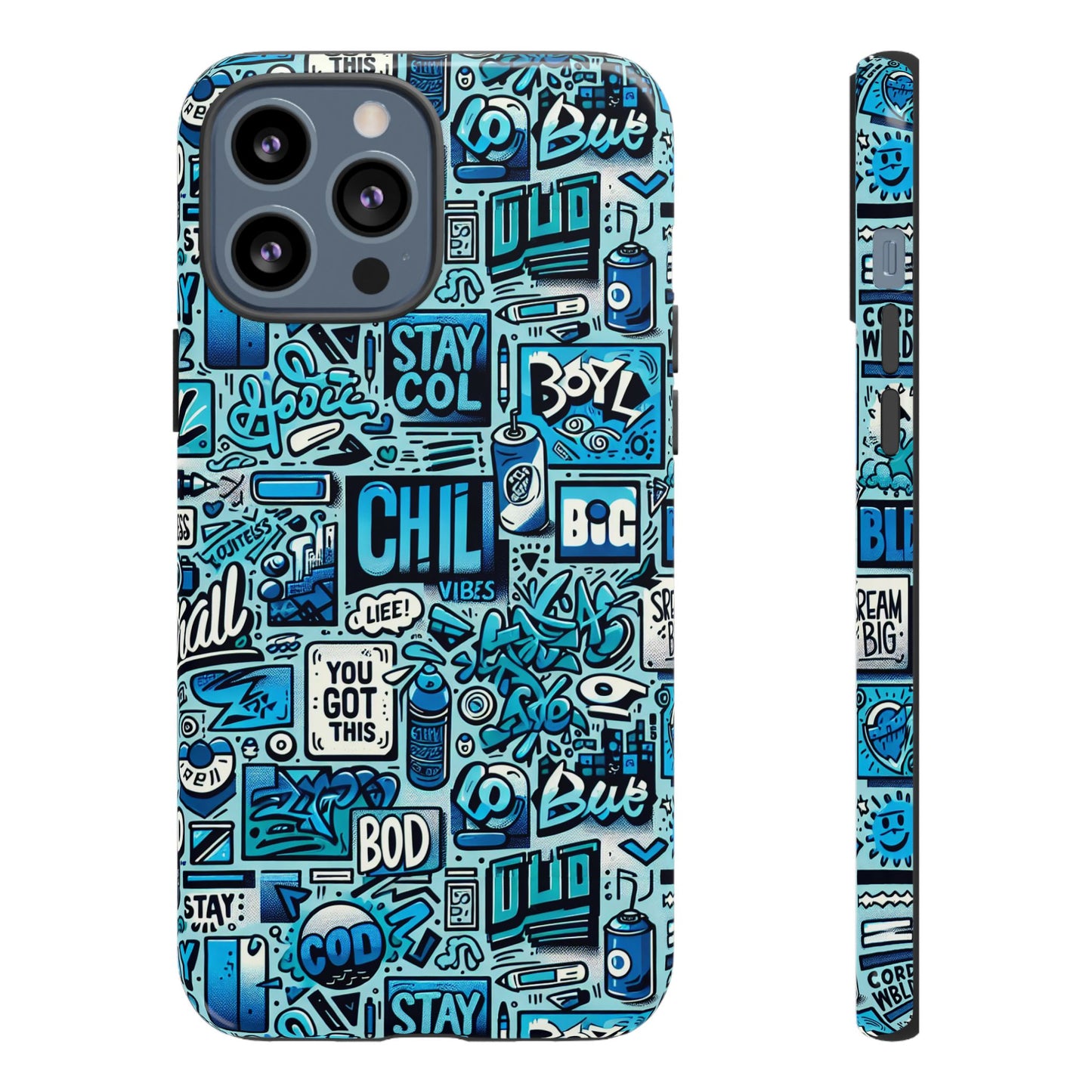 vibrant retro graffiti phone case in blue for men and women stylish protection accessory compatible with iphone 13, 14, 15 & 16 – all models including pro, pro max & plus