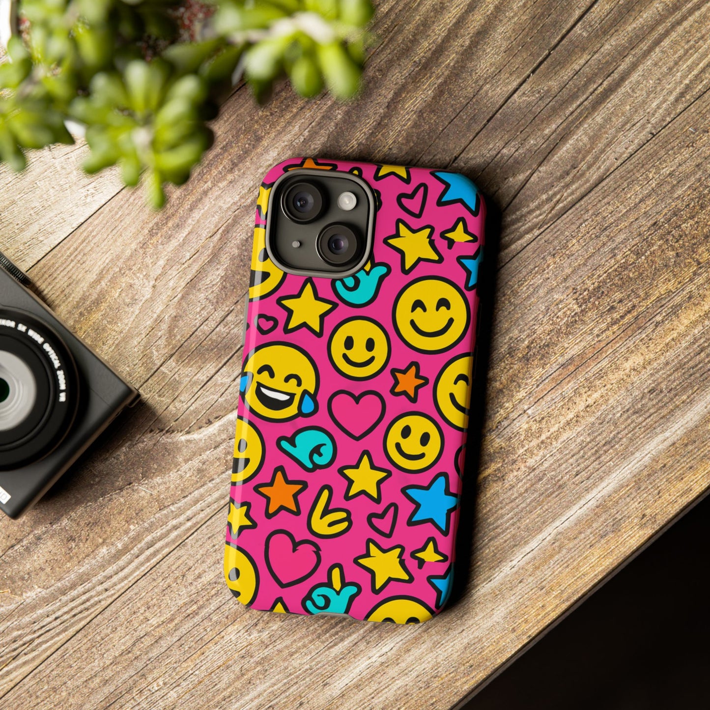 vibrant pink emoji phone case with 3d wrap design for stylish protection compatible with iphone 13, 14, 15 & 16 – all models including pro, pro max & plus