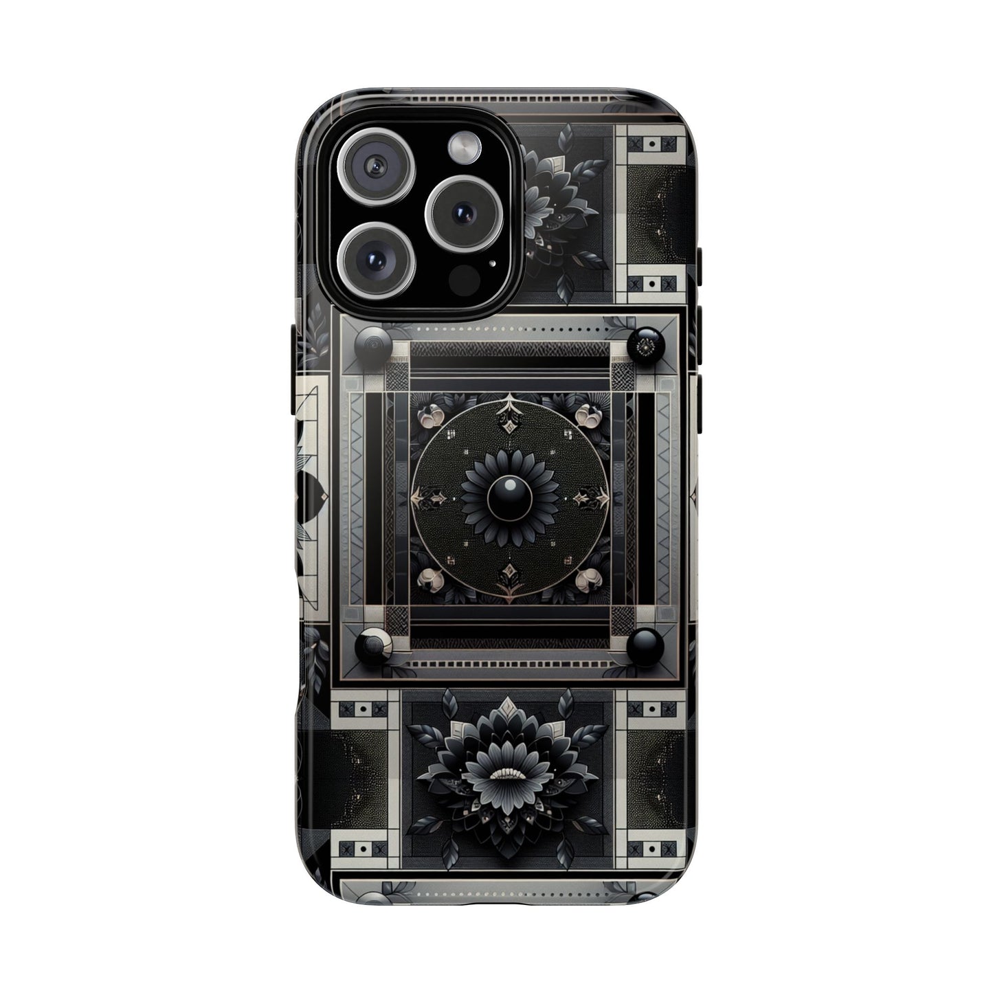 pattern image 4 vibrant shockproof phone case for anime and comic fans, geometric black and silver design, durable protective cover compatible with iphone 13, 14, 15 & 16 – all models including pro, pro max & plus