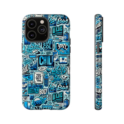 Vibrant Retro Graffiti Phone Case in Blue for Men and Women Stylish Protection Accessory Compatible with iPhone 13, 14, 15 & 16 – all models including Pro, Pro Max & Plus