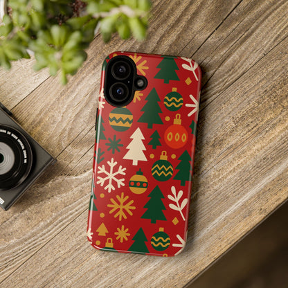 Vibrant Red 3D Wrap Protective Phone Case with Christmas Tree and Ornament Design for Stylish Protection Compatible with iPhone 13, 14, 15 & 16 – all models including Pro, Pro Max & Plus