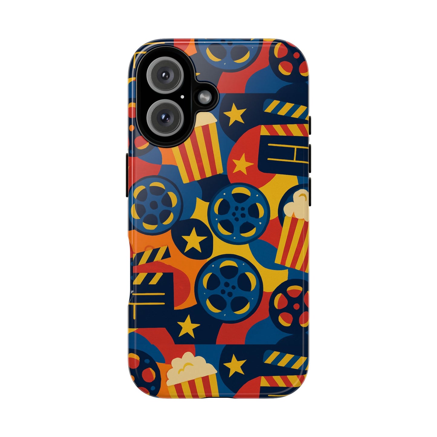 vibrant movie-themed protective phone case with colourful film reel and popcorn design for stylish protection compatible with iphone 13, 14, 15 & 16 – all models including pro, pro max & plus