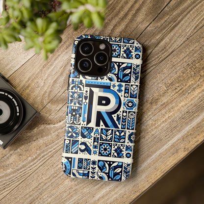 Blue Alphabet R Phone Case with 3D Wrap and Shock Absorption for Kids and Teenagers
