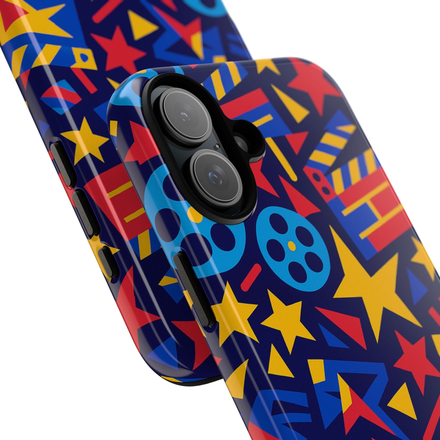 vibrant movie theme protective phone case with 3d wrap design – colourful stars and film reels – stylish protection compatible with iphone 13, 14, 15 & 16 – all models including pro, pro max & plus