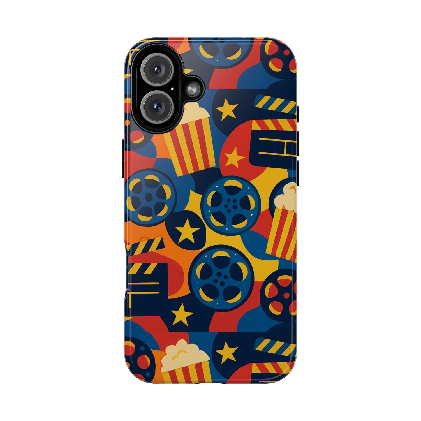 vibrant movie-themed protective phone case with colourful film reel and popcorn design for stylish protection compatible with iphone 13, 14, 15 & 16 – all models including pro, pro max & plus