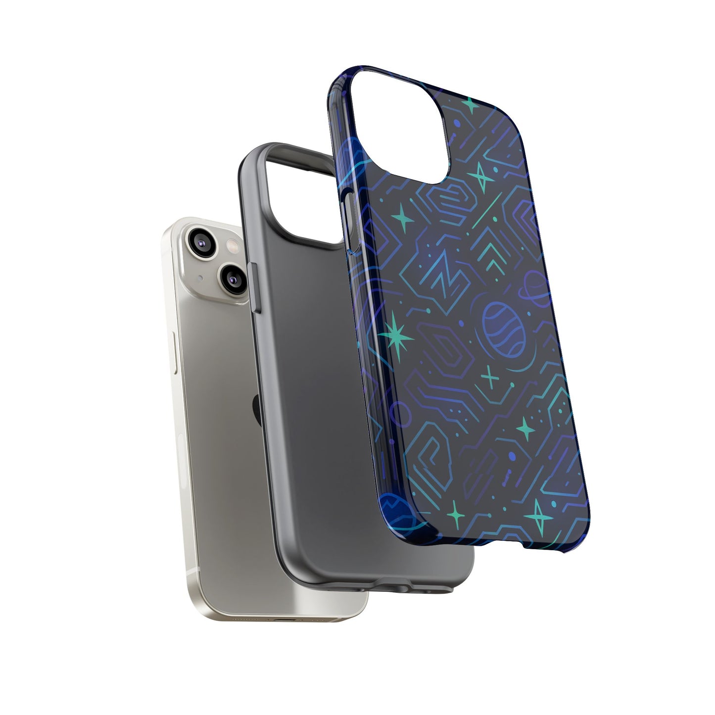 vibrant space design protective phone case in blue and green 3d wrap for stylish protection compatible with iphone 13, 14, 15 & 16 – all models including pro, pro max & plus