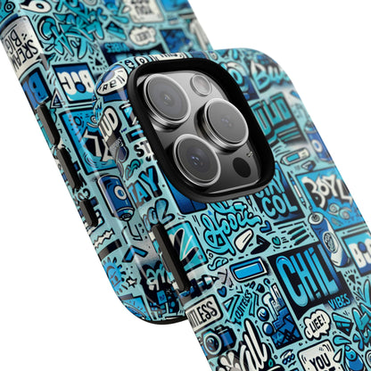 Vibrant Retro Graffiti Phone Case in Blue for Men and Women Stylish Protection Accessory Compatible with iPhone 13, 14, 15 & 16 – all models including Pro, Pro Max & Plus