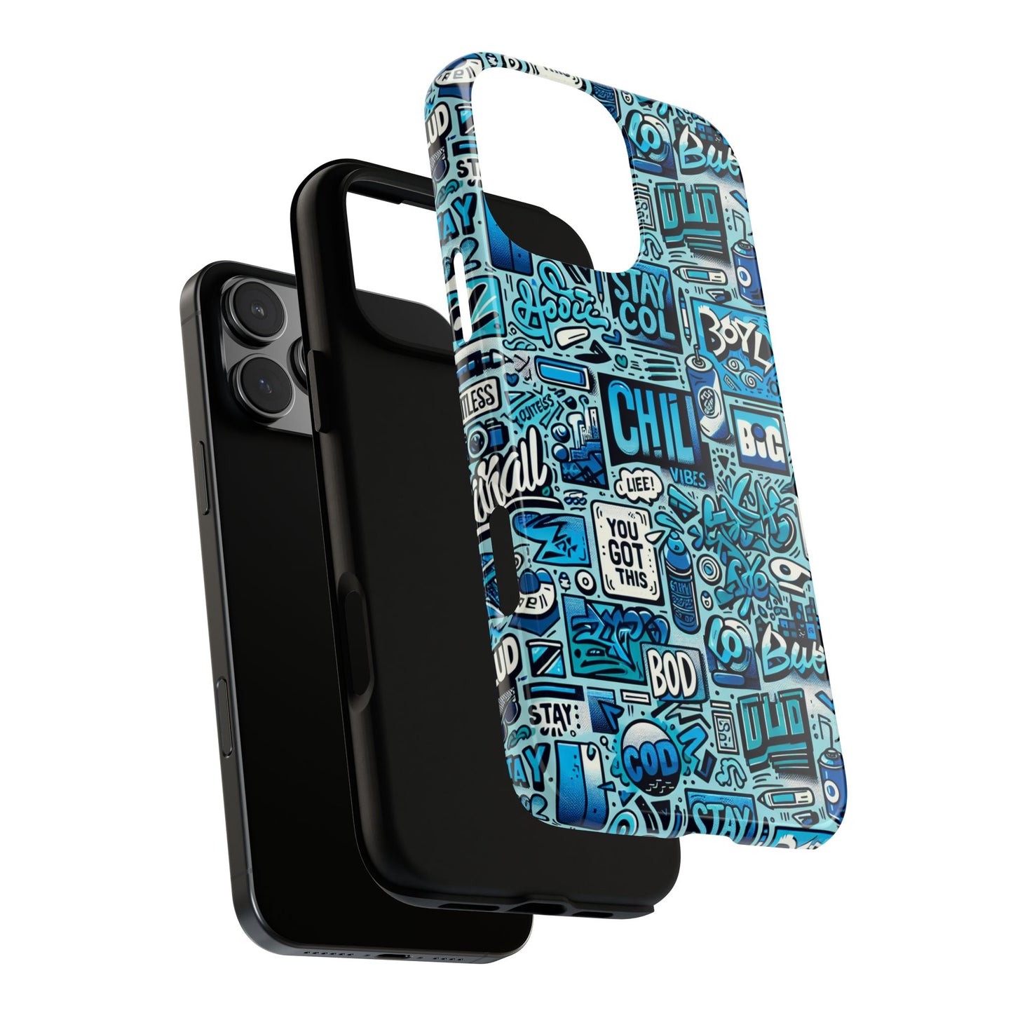 vibrant retro graffiti phone case in blue for men and women stylish protection accessory compatible with iphone 13, 14, 15 & 16 – all models including pro, pro max & plus
