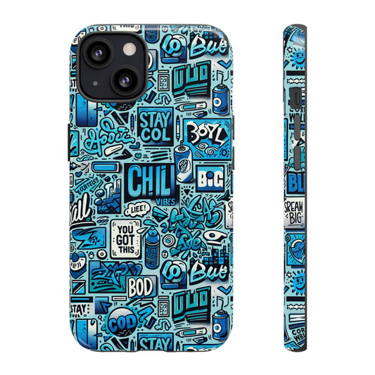 Vibrant Retro Graffiti Phone Case in Blue for Men and Women Stylish Protection Accessory Compatible with iPhone 13, 14, 15 & 16 – all models including Pro, Pro Max & Plus